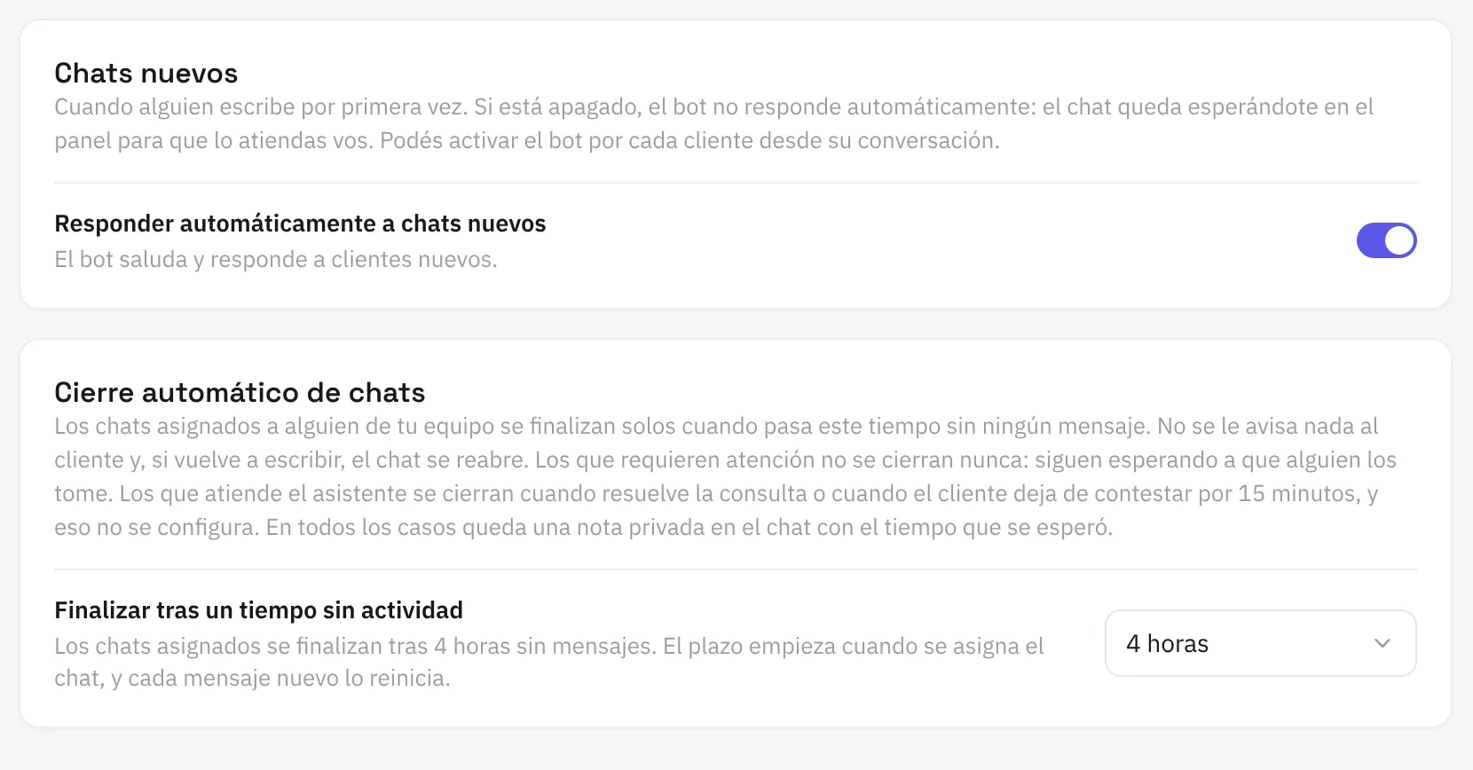 Ajustes › Atención de chats: responder automáticamente a chats nuevos y el cierre automático tras cuatro horas sin actividad.