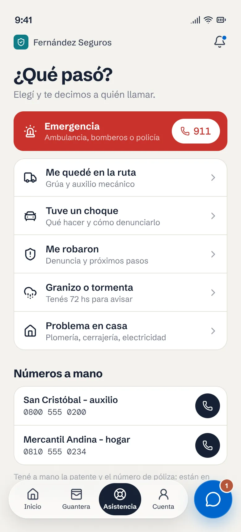 App de asegurados, «¿Qué pasó?»: emergencia, me quedé en la ruta, tuve un choque, me robaron, granizo y problemas en casa, con los números a mano.