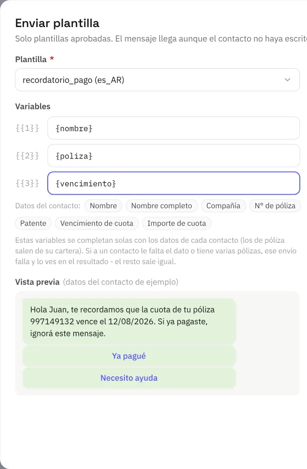 Modal «Enviar plantilla»: plantilla recordatorio_pago con sus variables, la vista previa del mensaje, doce contactos seleccionados de Mercantil Andina y el costo estimado de Meta, US$ 0,3120.