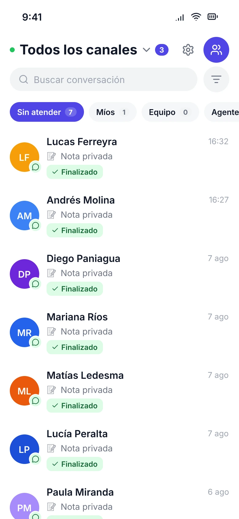 App vPAS para el productor: «Todos los canales», con los chats de Lucas Ferreyra, Andrés Molina, Diego Paniagua y otros, cada uno con su estado.