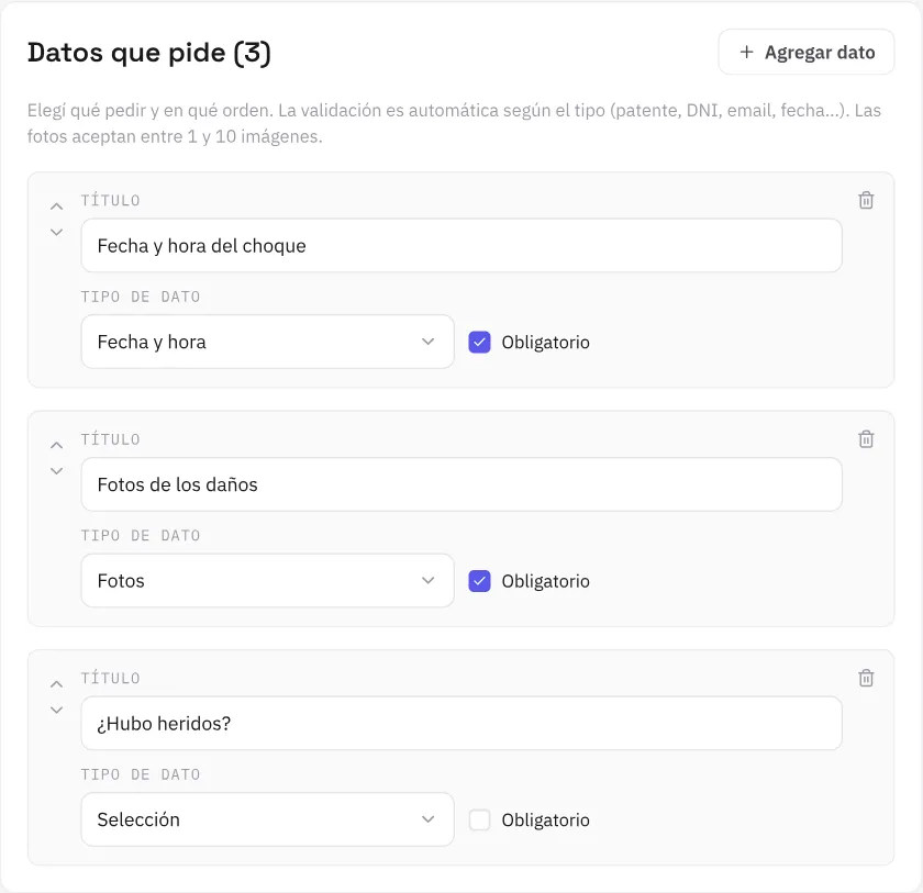 Los datos que pide el flujo de denuncia