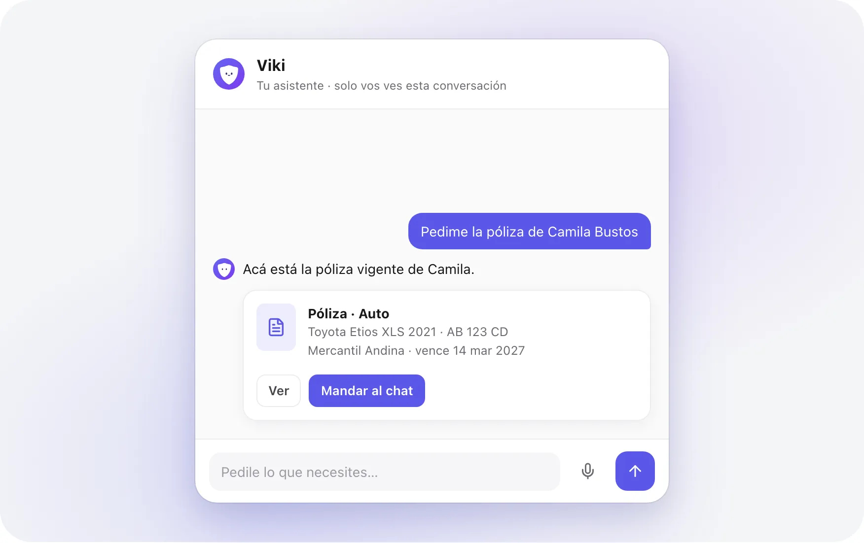 La ventana de Viki respondiendo un pedido